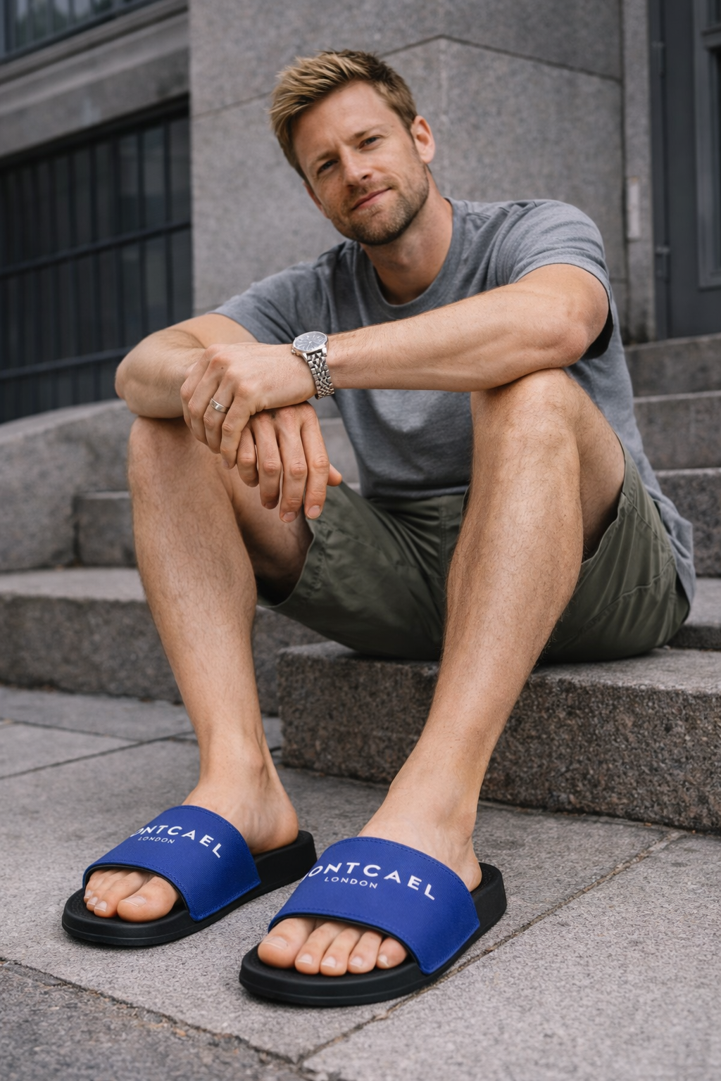 Strap Slide Sandals — Blue
